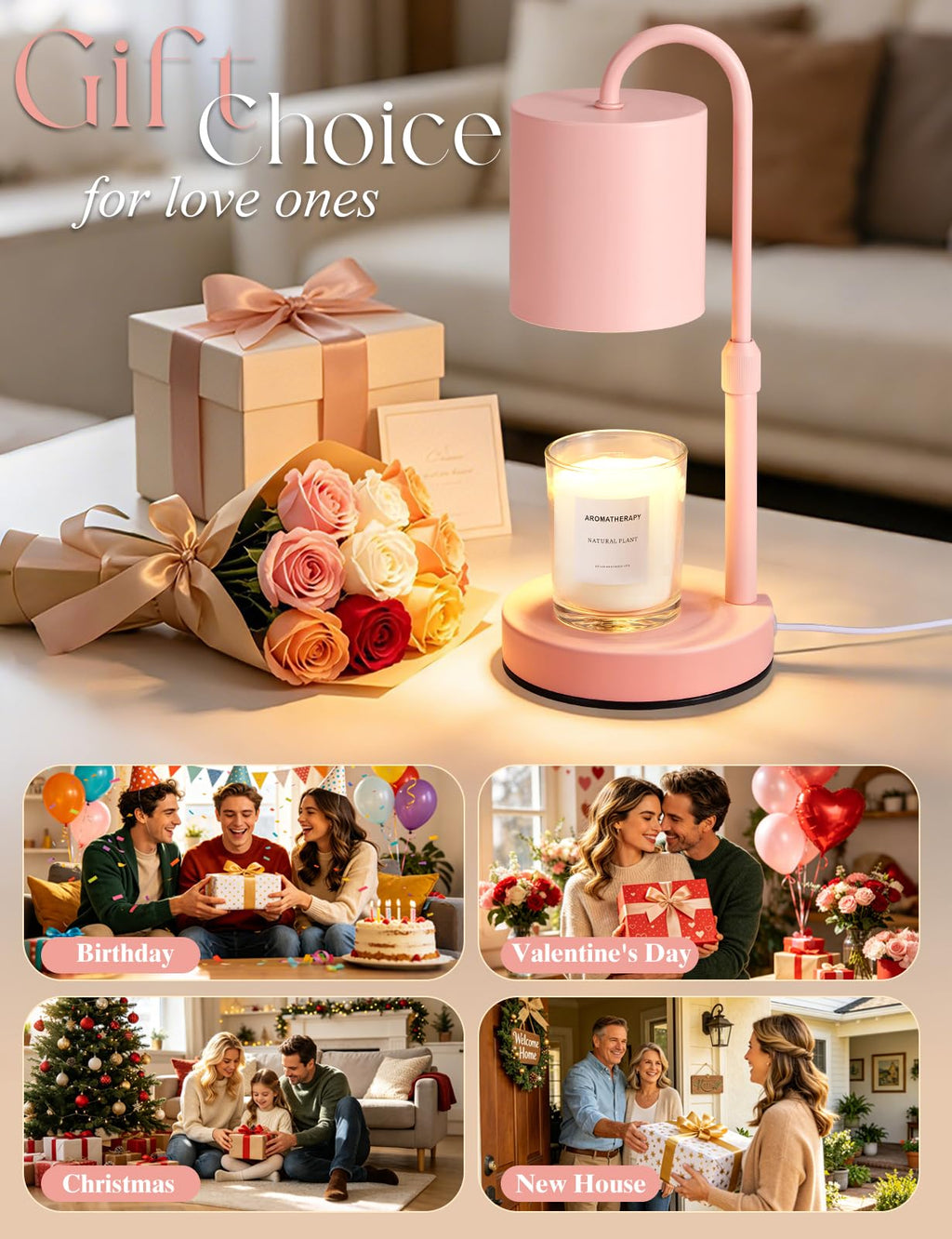 Briever Dimmable Candle Warmer Lamp with Timer, Height Adjustable Electric Candle Wax Warmer, Christmas Birthday Gifts for Women Mom, House Warming Gifts New Home Room Decor, Walnut Solid Wood Base