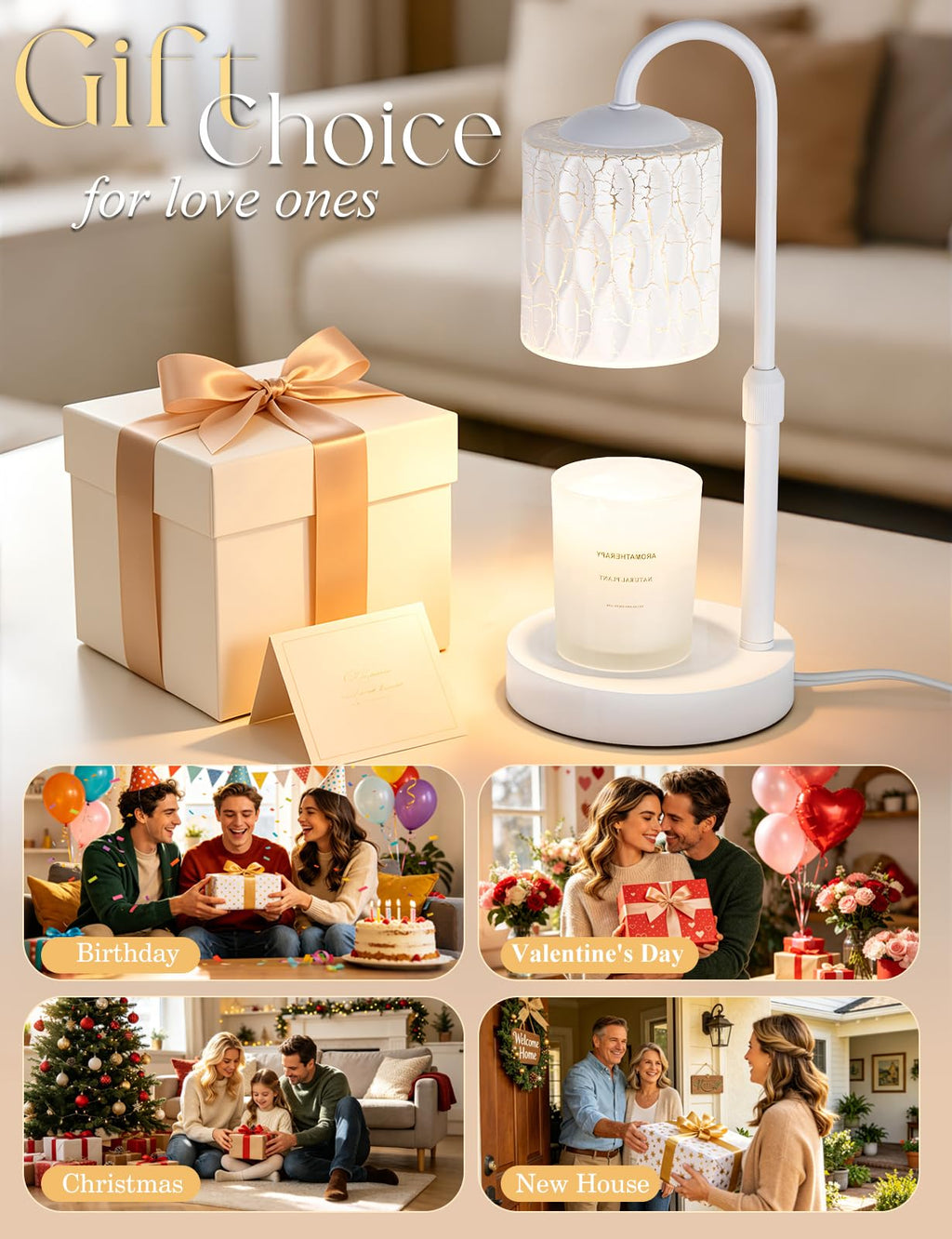 Briever Dimmable Candle Warmer Lamp with Timer, Height Adjustable Electric Candle Wax Warmer, Christmas Birthday Gifts for Women Mom, House Warming Gifts New Home Room Decor, Walnut Solid Wood Base
