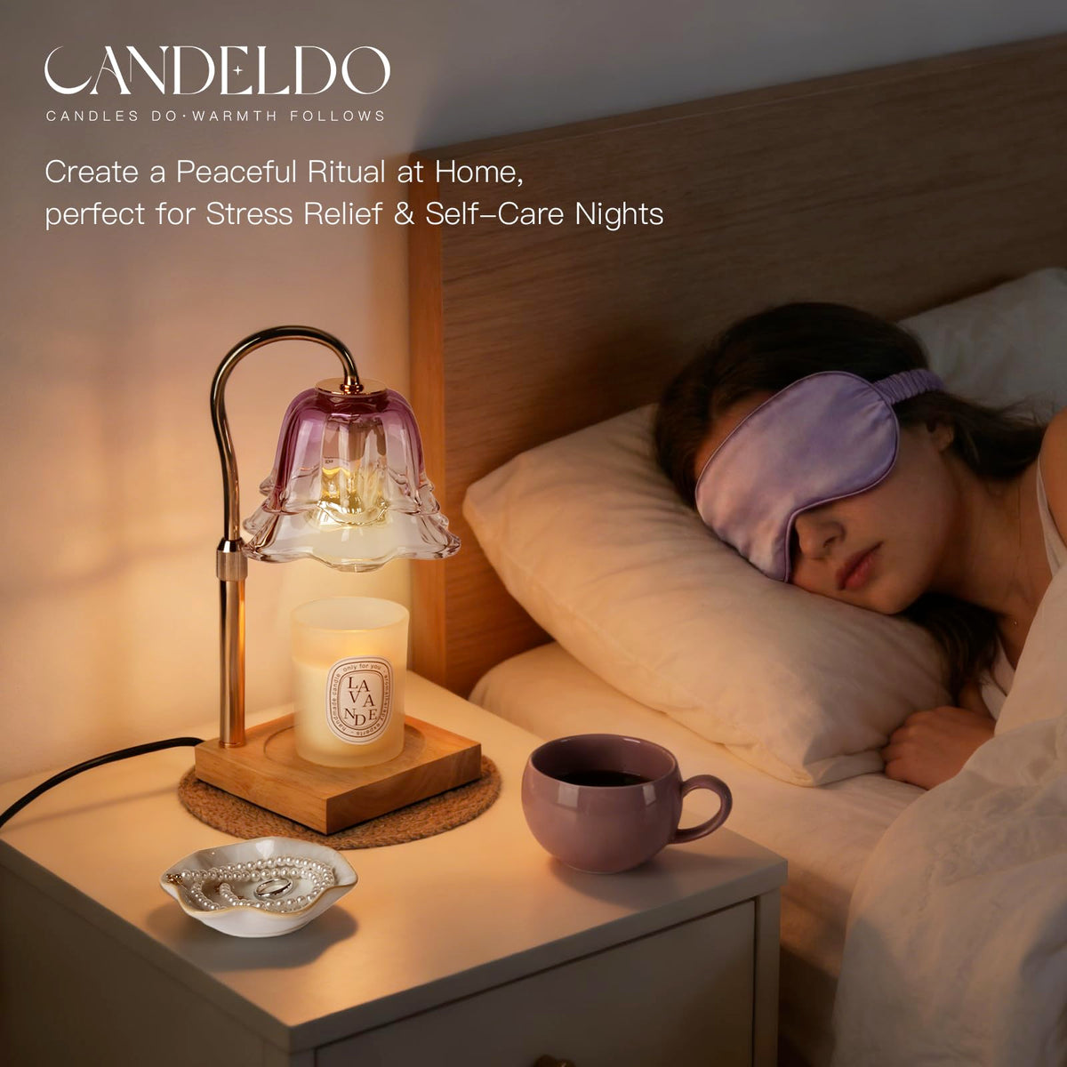 Candeldo Candle Warmer Lamp with Timer, Gold Flower Glass Shade