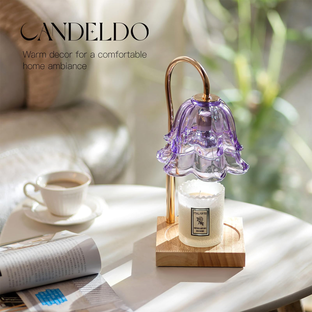 Candeldo Candle Warmer Lamp with Timer, Gold Flower Glass Shade