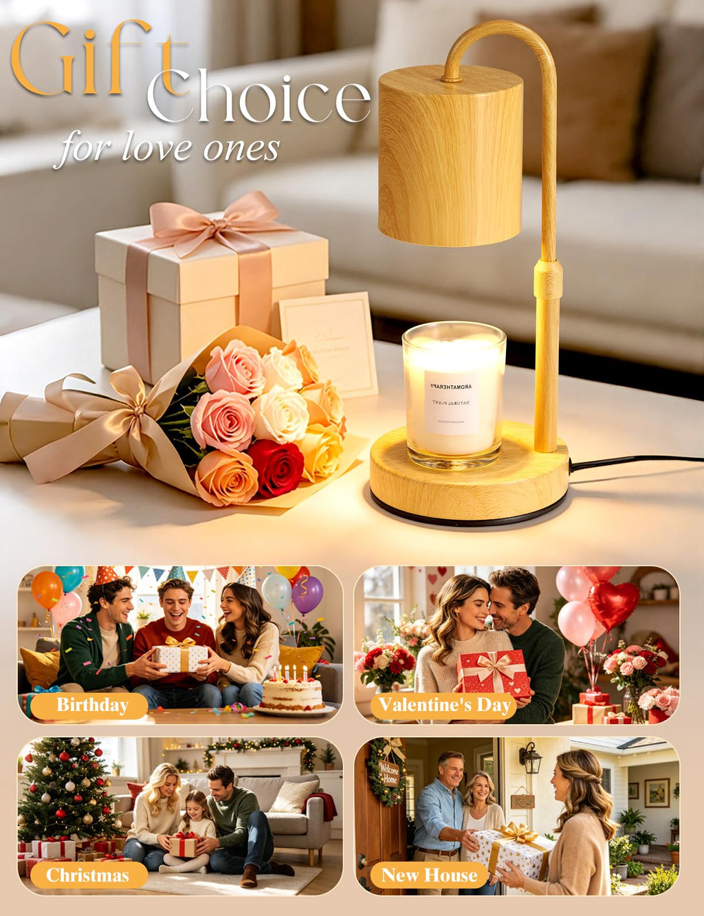 Briever Dimmable Candle Warmer Lamp with Timer, Height Adjustable Electric Candle Wax Warmer, Christmas Birthday Gifts for Women Mom, House Warming Gifts New Home Room Decor, Walnut Solid Wood Base