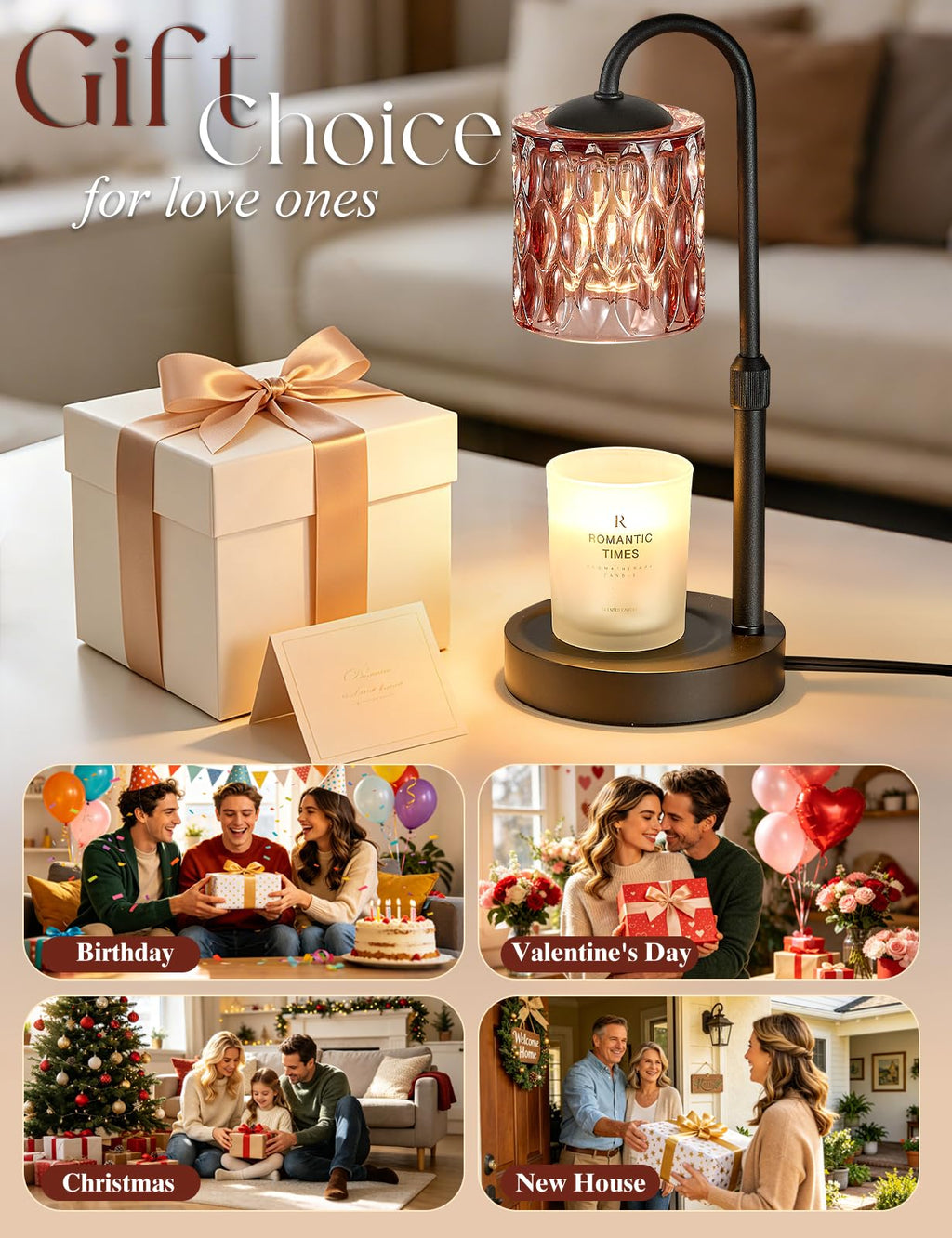 Briever Dimmable Candle Warmer Lamp with Timer, Height Adjustable Electric Candle Wax Warmer, Christmas Birthday Gifts for Women Mom, House Warming Gifts New Home Room Decor, Walnut Solid Wood Base