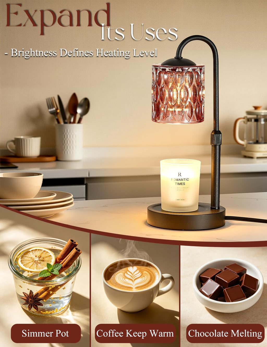 Briever Dimmable Candle Warmer Lamp with Timer, Height Adjustable Electric Candle Wax Warmer, Christmas Birthday Gifts for Women Mom, House Warming Gifts New Home Room Decor, Walnut Solid Wood Base