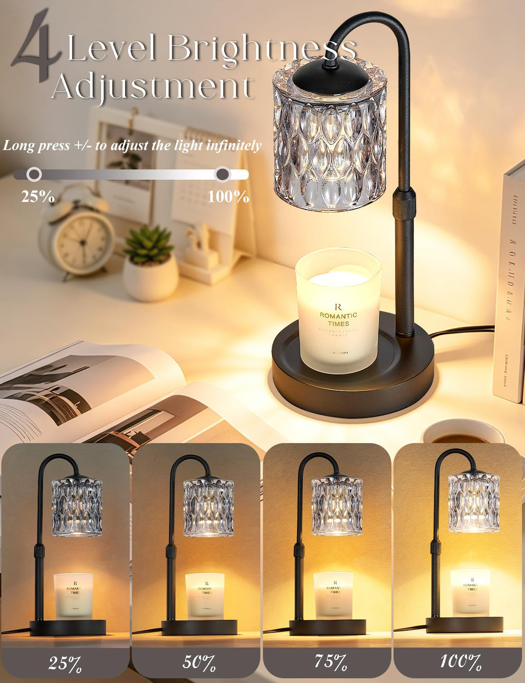 Briever Dimmable Candle Warmer Lamp with Timer, Height Adjustable Electric Candle Wax Warmer, Christmas Birthday Gifts for Women Mom, House Warming Gifts New Home Room Decor, Walnut Solid Wood Base