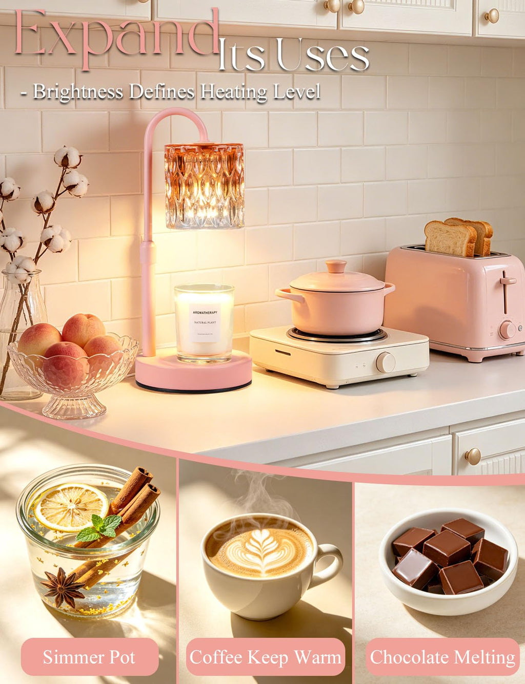 Briever Dimmable Candle Warmer Lamp with Timer, Height Adjustable Electric Candle Wax Warmer, Christmas Birthday Gifts for Women Mom, House Warming Gifts New Home Room Decor, Walnut Solid Wood Base