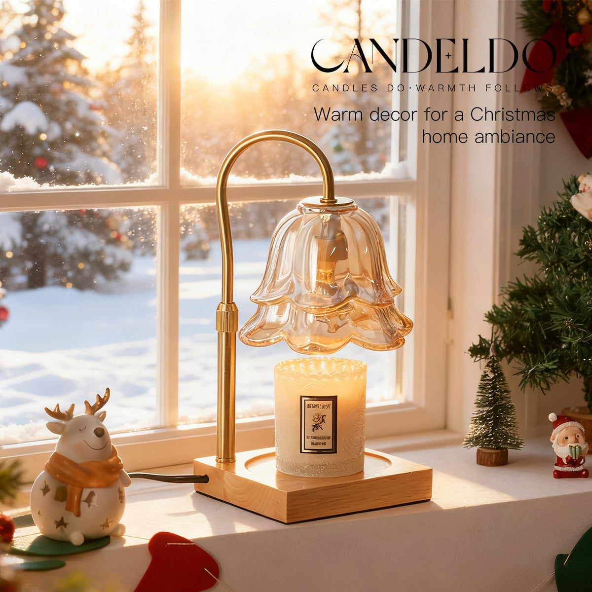 Candeldo Candle Warmer Lamp with Timer, Gold Flower Glass Shade