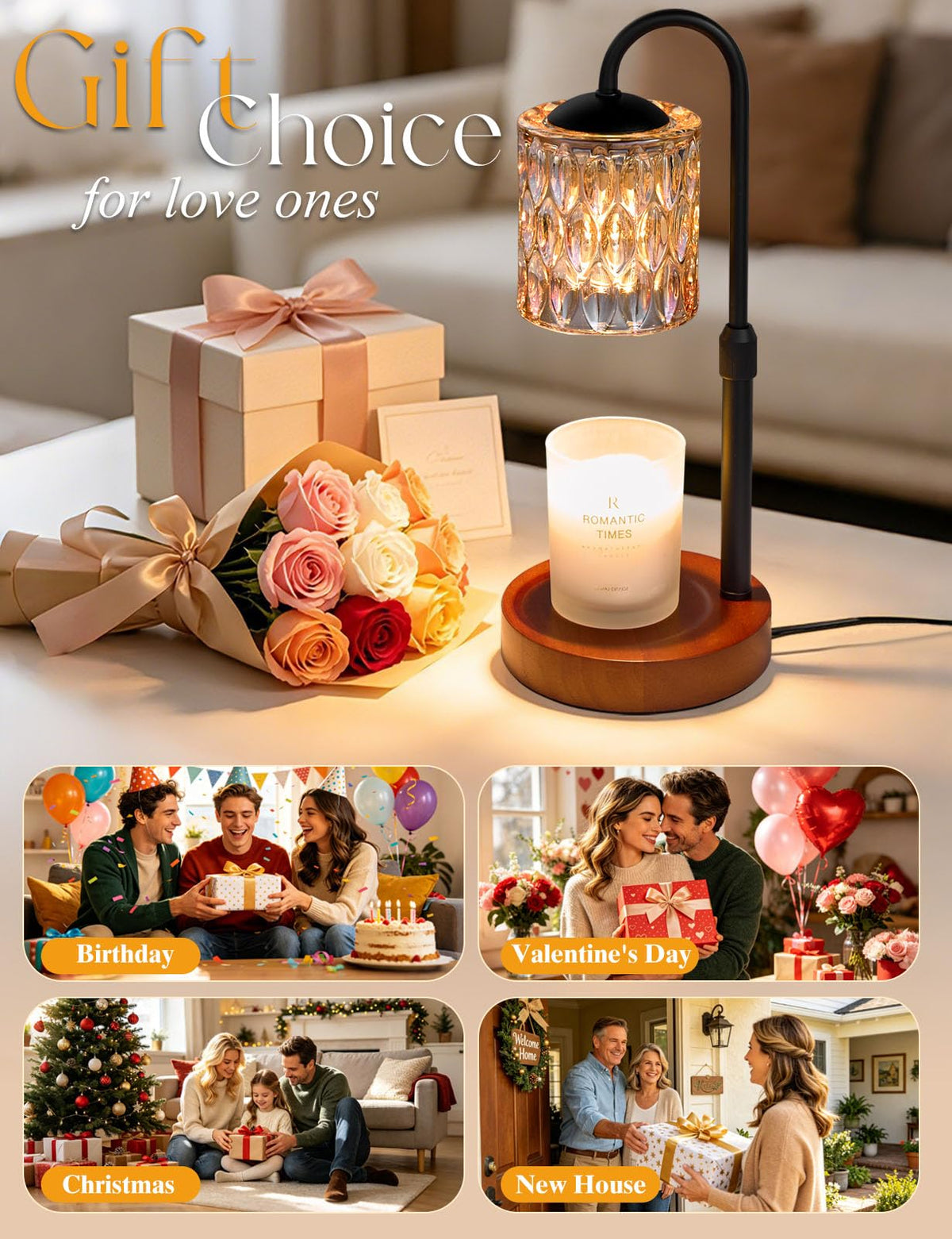 Briever Dimmable Candle Warmer Lamp with Timer, Height Adjustable Electric Candle Wax Warmer, Christmas Birthday Gifts for Women Mom, House Warming Gifts New Home Room Decor, Walnut Solid Wood Base