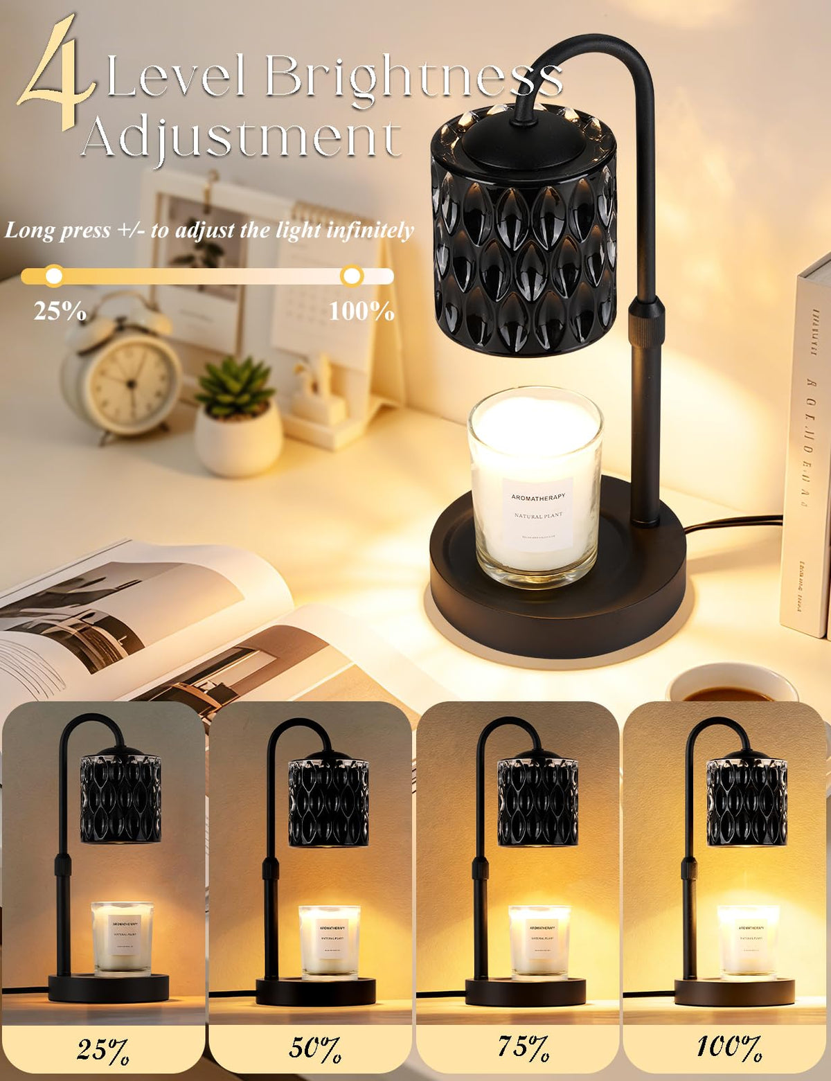 Briever Dimmable Candle Warmer Lamp with Timer, Height Adjustable Electric Candle Wax Warmer, Christmas Birthday Gifts for Women Mom, House Warming Gifts New Home Room Decor, Walnut Solid Wood Base