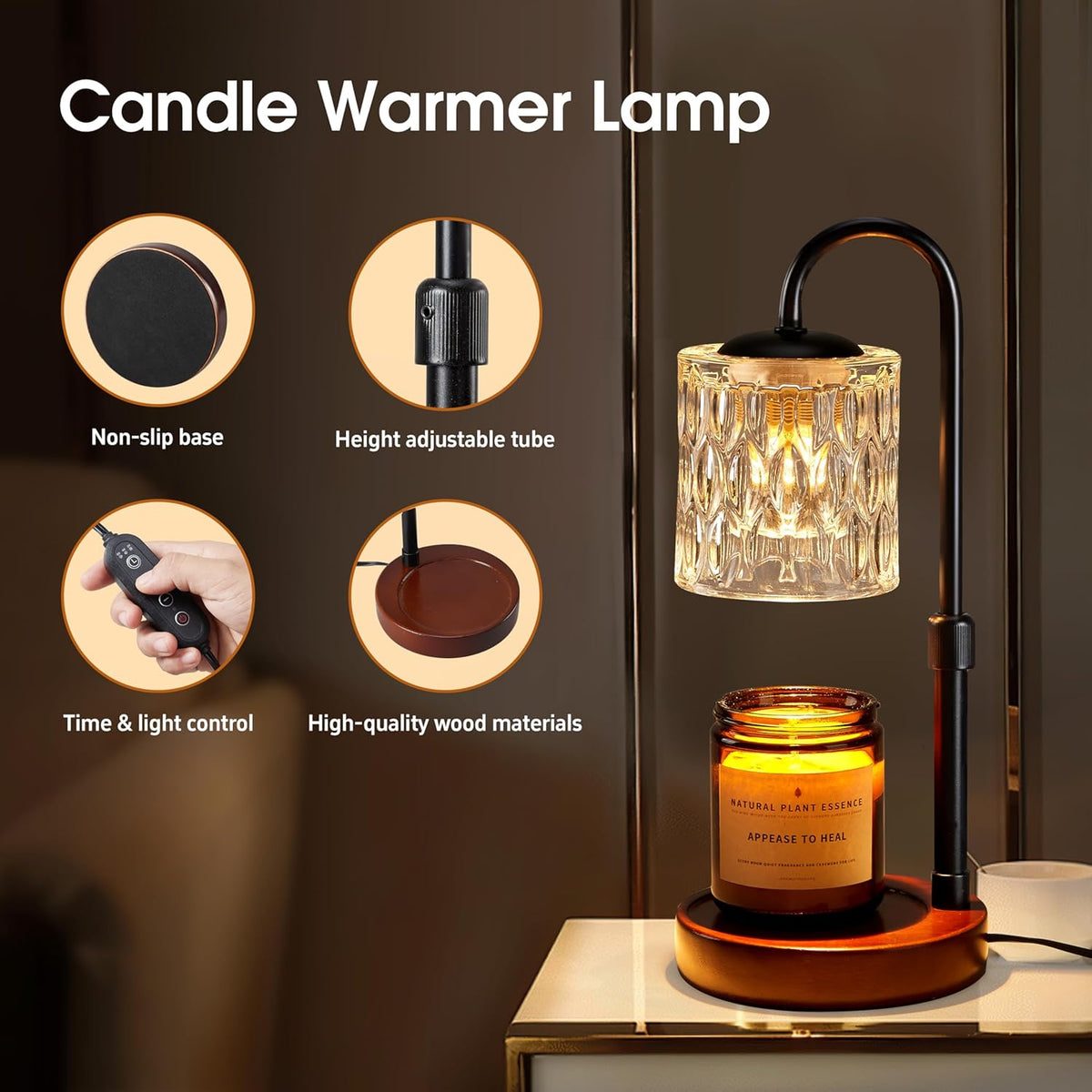 Briever Dimmable Candle Warmer Lamp with Timer, Height Adjustable Electric Candle Wax Warmer, Christmas Birthday Gifts for Women Mom, House Warming Gifts New Home Room Decor, Walnut Solid Wood Base